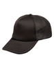 A black trucker cap featuring a solid front panel and a mesh back, complete with a logo.