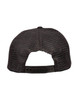 A black trucker cap with a mesh design at the back and an adjustable strap. Features a logo on the side.