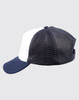 A navy blue and white trucker cap featuring a mesh back and a curved brim, complete with a logo.