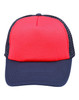 A red and navy trucker cap with a mesh back and a curved brim. It features a branding logo on the front.