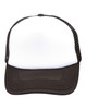 A black and white Contrast Trucker Cap with a solid front panel and mesh back. It features a logo on the front.