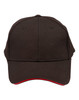 A black cap with a contrast red underbrim and a front panel featuring a logo.