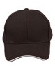 A black cap with a contrast sandwich trim and ventilation holes. It has a logo on the front.