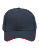 A navy cap featuring a red contrast trim, with a structured design and ventilation mesh. It includes a logo.