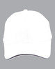 A white cap with a contrast sandwich brim and a logo. Features a mesh texture for breathability.