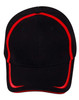 A black cap with red contrast trim and a logo on the front. Designed as headwear.