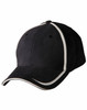 A black cap with a contrast trim in white, featuring a curved brim and a logo on the front.