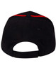 A black cap with contrast red trim and an adjustable strap at the back. It features a logo.