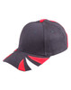 A tri-colour cap featuring black, red, and white design elements, with a logo on the front.
