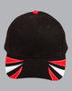 A black cap with tri-colour accents of red, white, and black, featuring a logo on the front.