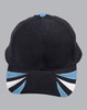 A tri-colour cap featuring black, white, and blue design elements, with an attached logo.
