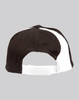 A black baseball cap with a white stripe and an adjustable strap at the back. It has a logo on the side.
