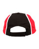 A tri-colour baseball cap featuring black, red, and white panels, with an adjustable strap at the back and a logo.