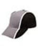 A tri-colour baseball cap featuring grey, black, and white shades with a logo.