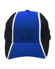 A tri-colour baseball cap featuring blue and black panels with white detailing. It includes a logo on the front.
