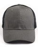 A premium cotton twill trucker cap in grey with a black mesh rear and a logo on the front.