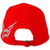 A red cap with a racing check pattern and a logo on the back, featuring an adjustable strap.
