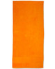 An orange terry velour beach towel, measuring 75x150 cm, with a towel hem and a logo.