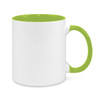 A coffee mug featuring a white exterior with a bright green handle and inner rim, including a logo.