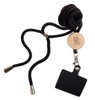 A black phone neck lanyard featuring a wooden clip with a logo, a retractable cord, and a rectangular black holder.