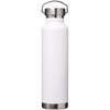 A drink bottle in white with a stainless steel cap and base, featuring a logo on the side.