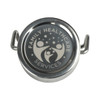 A drink bottle cap with a polished silver finish featuring a logo and two handles on either side.