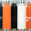 A drink bottle in orange, black, white, and navy with stainless steel accents and a logo.