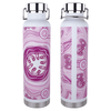 A drink bottle with a pink and white patterned design, featuring a stainless steel lid and base, and a logo.