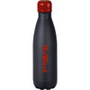 A drink bottle in matte black with a red cap, featuring a logo on the side. It is vacuum insulated and 500ml.