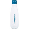 A drink bottle in white with a blue lid, featuring a logo and a sleek design, 500ml capacity.