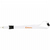 A white lanyard with a clip and a logo, featuring a black buckle for easy adjustment.