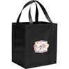 A black reusable grocery tote with a square shape and sturdy handles, featuring a colourful logo.