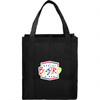 A black non-woven grocery tote bag with two handles and a logo on the front.