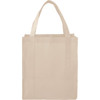 A beige reusable grocery tote bag with two sturdy handles and a simple design. It features a logo.