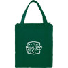 A green non-woven grocery tote bag with shoulder straps and a logo on the front.