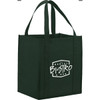 A green non-woven grocery tote bag with sturdy straps and a logo on one side.