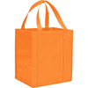 An orange non-woven grocery tote bag with sturdy handles and a square base, featuring a logo.