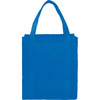 A blue reusable grocery bag with two handles, featuring a simple design and a logo.