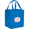 A blue non-woven grocery tote with two handles and a logo on one side.