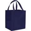 A navy blue non-woven grocery tote with sturdy handles and a square design, featuring a logo.