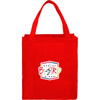 A red non-woven grocery tote bag featuring a logo on the front, with sturdy handles.
