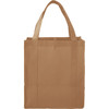 A reusable grocery tote bag in a light brown colour with two sturdy handles. It features a branding logo.
