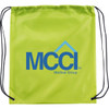 A lime green drawstring sportspack featuring a logo on the front.