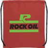 A red drawstring sportspack with a large logo in green and black. It features black nylon cords.