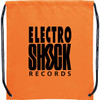 An orange drawstring sportspack featuring a black logo. The pack has black cord straps.