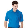 A blue short sleeve polo shirt for men featuring a logo on the side.