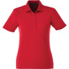 A red women's polo shirt with a classic collar and four-button placket, featuring a logo on the chest.