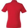 A red women's polo shirt with a short sleeve design, featuring a collar and a logo.