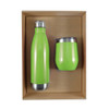 A green drink bottle and matching cup are arranged in a cardboard gift box. The bottle has a stainless steel bottom.