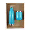 A drink bottle and matching tumbler set in bright blue, packaged together in a cardboard gift box.